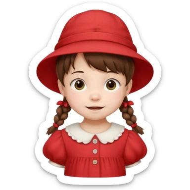 baby girl with brown hair and pigtails with a hat and red dress like My Neighbor Totoro movie sticker