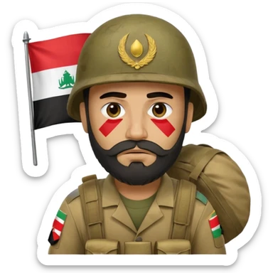 A very tired and sad, swarthy Iraqi soldier with a beard, an Iraqi flag on his helmet, a sad expression and bags under his eyes sticker