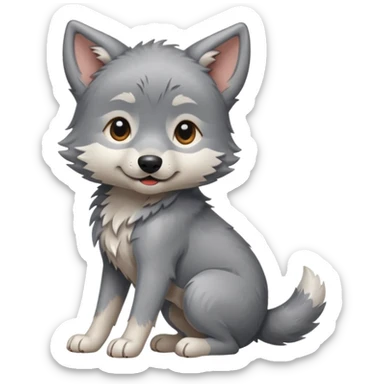 an animated gif sticker emote of a wolf puppy in a play bow wagging its tail in a smooth, natural arc over its back sticker