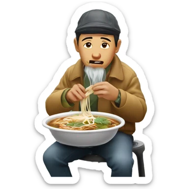 vietnamse man wearing non la eating pho on a plastic stool outside on the street sticker