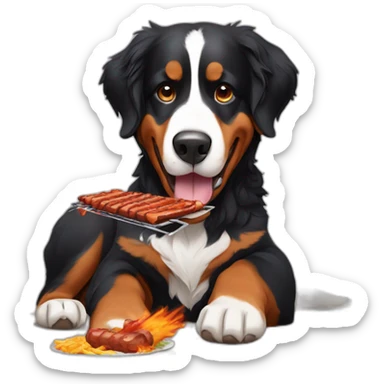 Bernese mountain dog eating a barbecue sticker