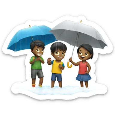 3 kids with a umbrella playing with a paper ship in the rain sticker