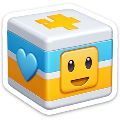 Clash of Clans aesthetic: Cinematic Playful Pixel 3D Health Box Portrait Emoji, rendered in a 3D vector-style similar to standard emojis with minimal shading and bold, simplified shapes. A compact, distinct form with signature details, softly glowing with a pixelated adventure charm. Simplified yet unmistakably iconic, highly detailed and consistent, glowing with a soft radiance and high shine. Stylized with a touch of classic pixel-art charm and a soft glowing outline, capturing the essence of a beloved gaming relic with a friendly, playful manner! sticker