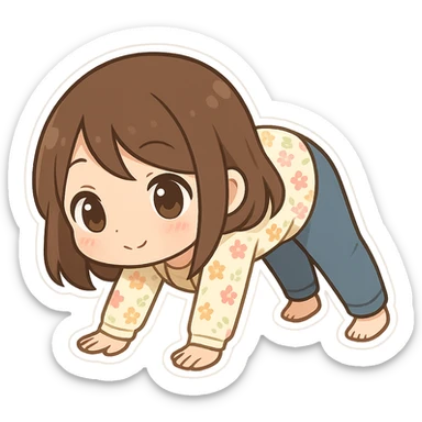 chibi sticker of a girl with brown straight hair and brown eyes, wearing a pastel floral cardigan and jeans, doing yoga in downward dog pose, white outline, transparent background, 512x512px sticker