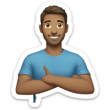 A portrait of a man with a middle part haircut holding the peace sign and he is happy and he has a blue t shirt. He is white sticker