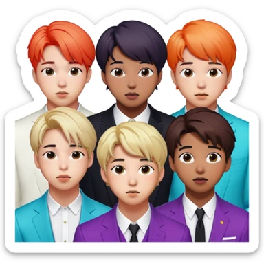 Cinematic Realistic group portrait of BTS featuring all 7 members in stylish modern attire, with detailed facial expressions and vibrant colors, captured in dynamic, contemporary lighting that emphasizes their global pop icon status sticker