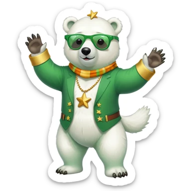 full body friendly anthropomorphised polar bear wearing oversized colorful star glasses and festive St. Patrick's Day outfit, playful pose sticker