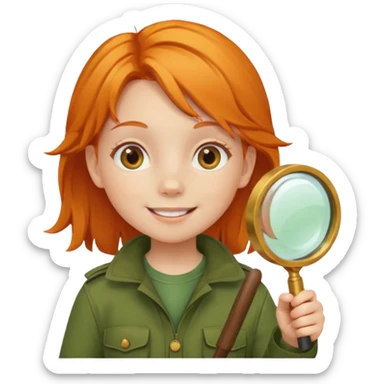 braid orange haired girl kid in moss green explorer outfit, holding magnifying glass, smile sticker