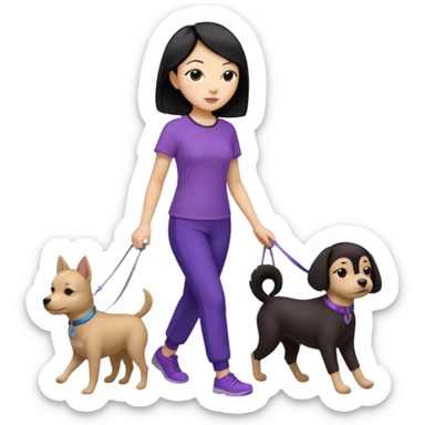 black hair Chinese woman wearing purple top and black pants walking one small brown dog sticker
