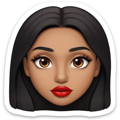 Woman, light brown skin, black long hair, medium arched eyebrows, brown eyes, full lashes, and red lips sticker