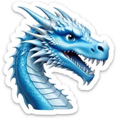 Cinematic Noble elegant Ice Dragon Portrait Emoji, Poised and imposing, distinct long elegant snout, with a slender, scaled body shimmering in glacial hues of icy blue, frostbitten silver, and crystalline white, breathing out frost, with piercing, glowing ice blue white eyes that radiate the chilling depths of an arctic storm; rendered in detail. sticker