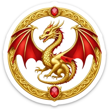 Golden Dragon with wings crest/brosch in a circle with red gems sticker