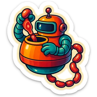 a robot that uses arms to put meat in large hole on top. sausage links come out robots rear. no legs on robot. robot hovers. robot feeds itself meat sticker