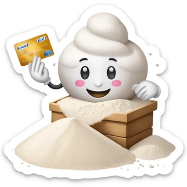 Happy emoji with credit card in hand and a pille of flour sticker