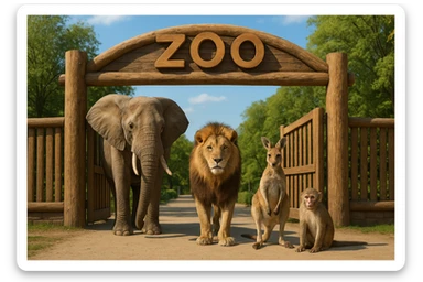 zoo entrance made of wood with the word 'zoo' on it, four realistic animals: elephant, lion, kangaroo, monkey standing by the open gates, animals look like real animals, not stylized or cartoonish sticker