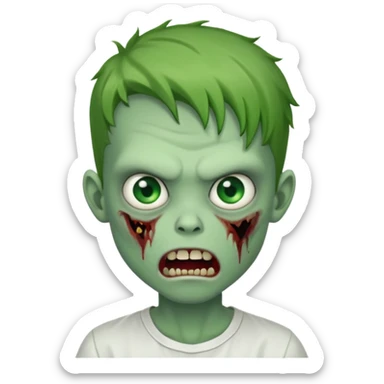 zombie boy with outgrown hair and wearing a white shirt with green prominent eyes and an evil mouth either open, green skin sticker