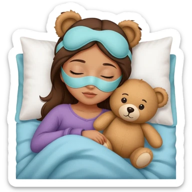 A girl Wearing a cute sleep mask is sleeping with a Teddy Bear sticker