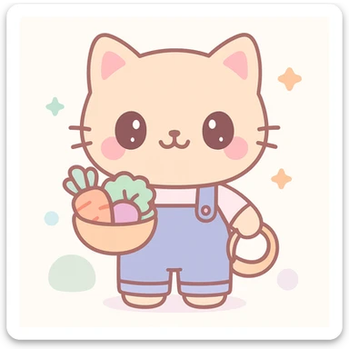 kawaii style cute farm cat wearing overalls and holding a basket of vegetables, pastel background sticker