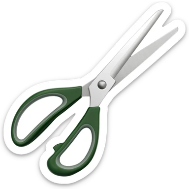 Full scissors with dark green handle, pointed up, blades open sticker