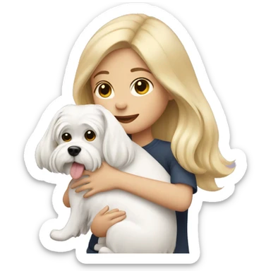 Girl with blonde hair hugging a Maltese dog sticker