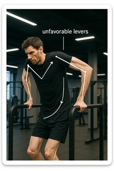 a tall, lean man with very long arms and a short torso attempts a dip on parallel bars. His elbows are deeply bent and his body appears awkwardly positioned, highlighting the mechanical disadvantage. An overlay shows anatomical lines and angles, with labels explaining “unfavorable levers.” The background is a modern gym, with a focus on biomechanics. sticker