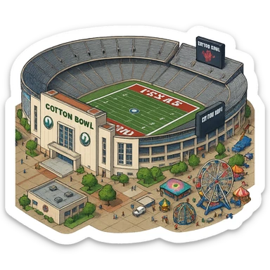 Изометричная, яркая, детализированная и фотореалистичная иллюстрация стадиона Cotton Bowl в стиле 3D-коллажей городов, насыщенные цвета, аккуратные и чёткие линии, мультяшно-реалистичная стилистика. Чёткие контуры, не размазанные линии, высокое качество, проверить написание букв, прозрачный фон, не обрезать края стадиона. sticker