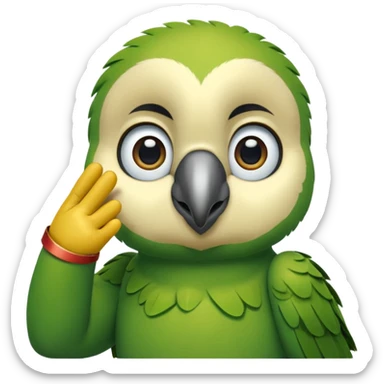 Green parrot face which doing a 'yes sir' gesture (right hand is raised in a military-style salute, with the fingers touching the forehead; The eyes are looking straight ahead, giving off a sense of respect, acknowledgment, or dut) sticker