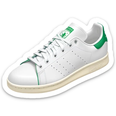 White and green Adidas Stan Smith sneakers with iconic green heel tab and perforated three stripes on the sides sticker