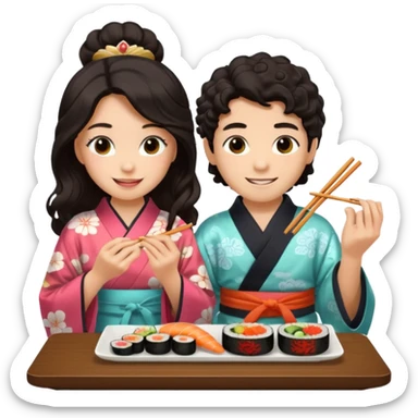 czarnowłosa ksieżniczka w dlugich wlosach je sushi z chłopakiem o czarno brązowych kręconych włosach i są zadowoleni sticker