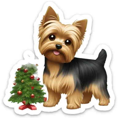Yorkie by a Christmas tree sticker