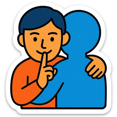 A person hugging another person with a mysterious smile and a finger to their lips sticker