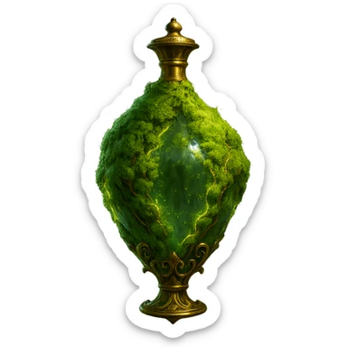 premium class crystal elixir bottle covered with living green moss, lots of glowing edges, ornate golden details, magical effects, very small golden neck, beautiful merging base, clearly floating in air, no base or shadow, very luxurious, natural, magical, fits collection, transparent background sticker