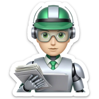 human like robot bookkeeper wearing an accountants Green eyeshade dealer's visor  and holding spreadsheets sticker