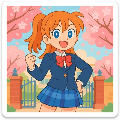 cheerful anime schoolgirl with orange hair, blue eyes, school uniform, spring cherry blossoms, confident pose, lively school gate background, Love Live! style sticker