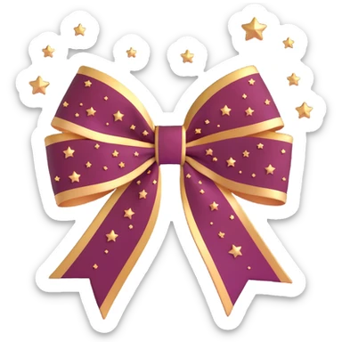 sparkly burgundy bow with gold outline, soft gradient, and small stars sticker