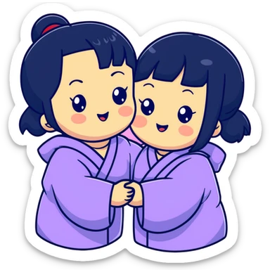 Two adorable Japanese girls with black hair and Asian features, their cheeks touching, kawaii style sticker
