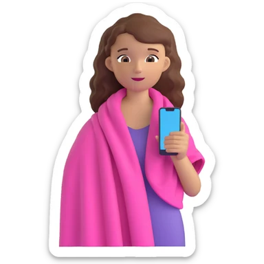 white girl with wavy hair holding her phone and a pink beach towel sticker