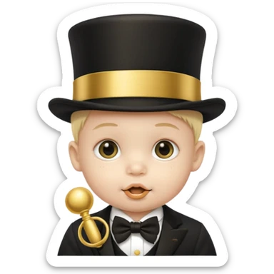 a baby's face in a black top hat with a gold stripe and a gold pacifier sticker