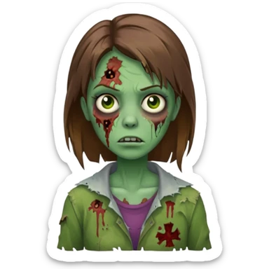 a zombie woman with straight brown medium hair with green skin sticker