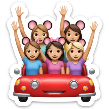 quatro chicas montadas en una atraccion de levantando la mano con orejas de dines puestas sticker