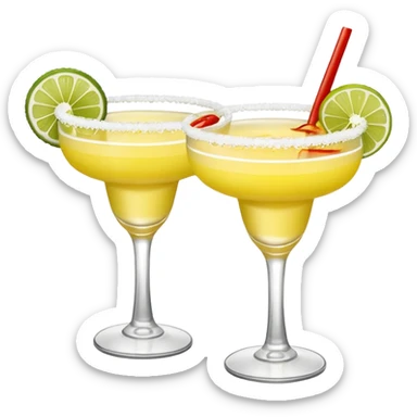 2 margarita cocktails. one is the classic margarita: yellowy with salt on the rim and a lemon. the other one is a spicy margarita: slightly more red color with a small red chili pepper instead of a lemon on the rim  sticker