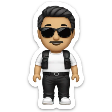 Man a 27 years , white skin , with black  sunglasses , black high neck , brawn vest , black pantaloon, brawn shoes with black watch  sticker