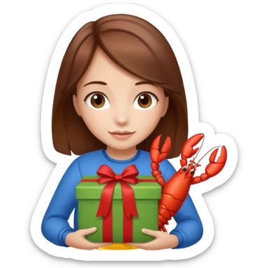 Cute girl brown hair holding gift bag with lobster inside sticker