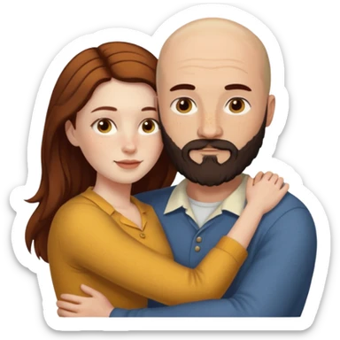 Couple. Bald man with dark brown-black beard. White woman with many small, faded freckles, she has white skin and she has auburn-yellow-brown-cinnamon, dark long hair. She has light brown eyes. The man have hazel eyes. Retro style. They hug. sticker