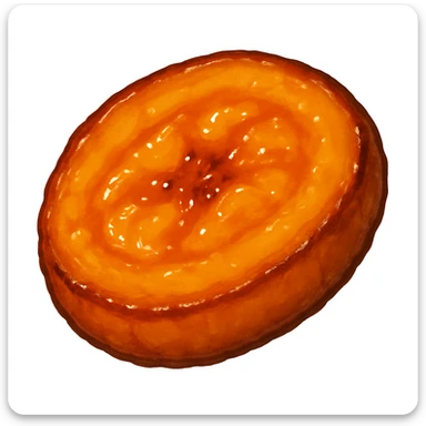 A single fried sweet plantain slice (tajada) with golden edges and a caramelized texture, looking juicy and appetizing with a glossy finish to show its frying, in the style of WhatsApp emojis. sticker