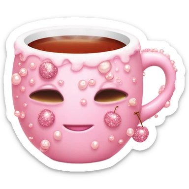 soft pink mug filled with steaming hot cherry tea, decorated with blush pink pearl and sparkly embellishments (aesthetic, cute) sticker
