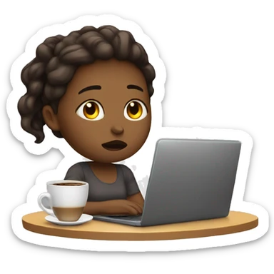 tired girl with laptop drinking a lot of coffee sticker