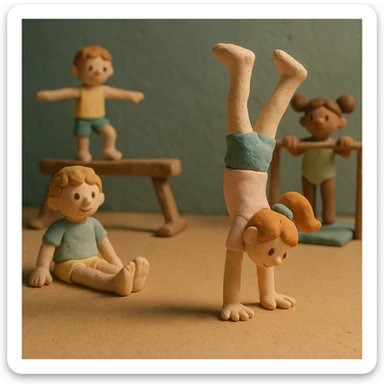 Kids doing gymnastics, matte, plasticine claymation with visible fingerprints and pastel colors. sticker
