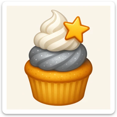 Add a swirl of whipped cream and a star-shaped sprinkle to the cupcake with silver frosting and a star-shaped candy in emoji style. sticker