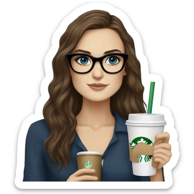 Photo of elegant Keira Knightly wearing black glasses and blue eyes holding Starbucks  sticker